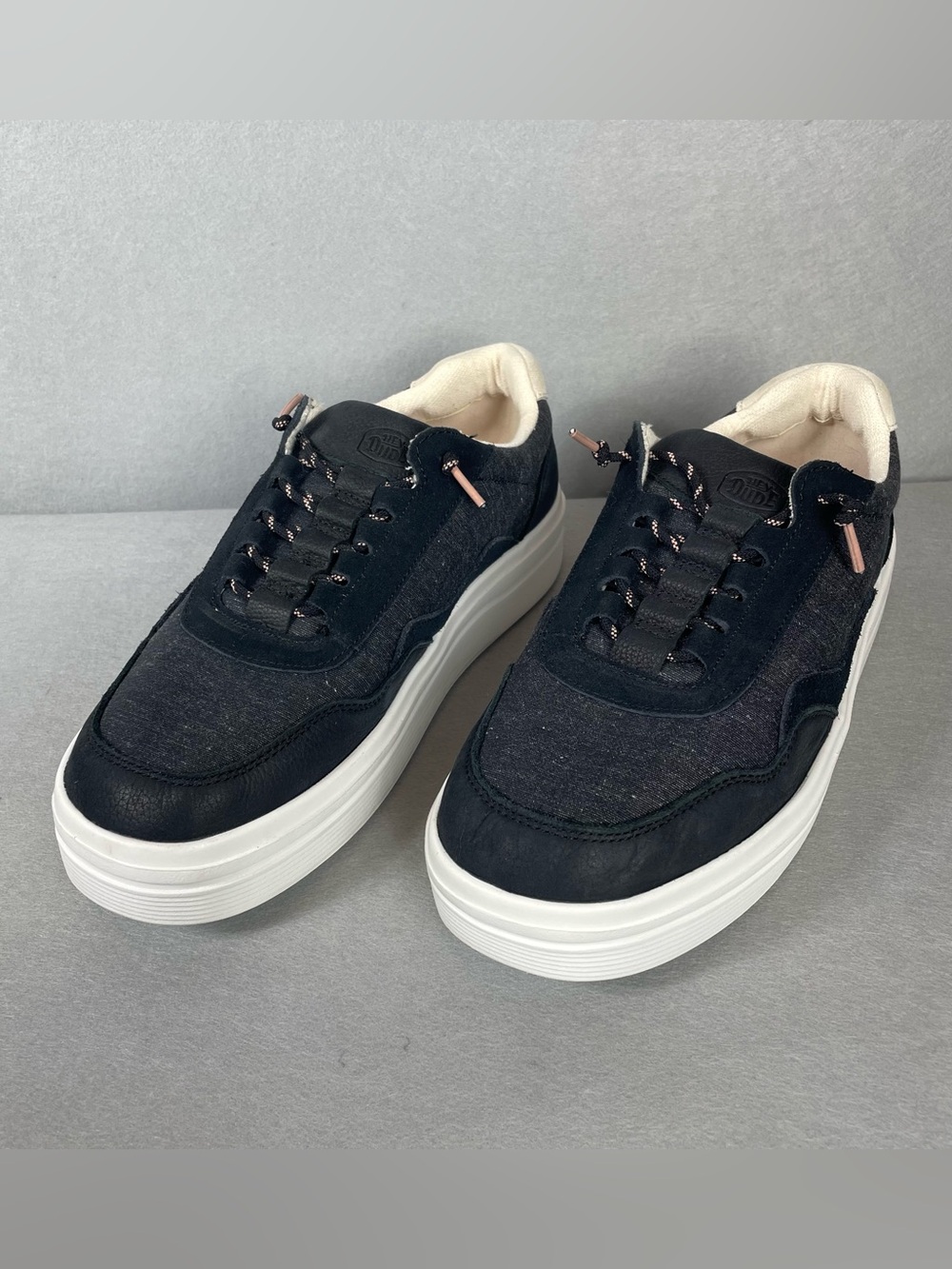 Hey Dude Hudson Lift Sport Womens Size 12 Black Leather Platform Sneakers